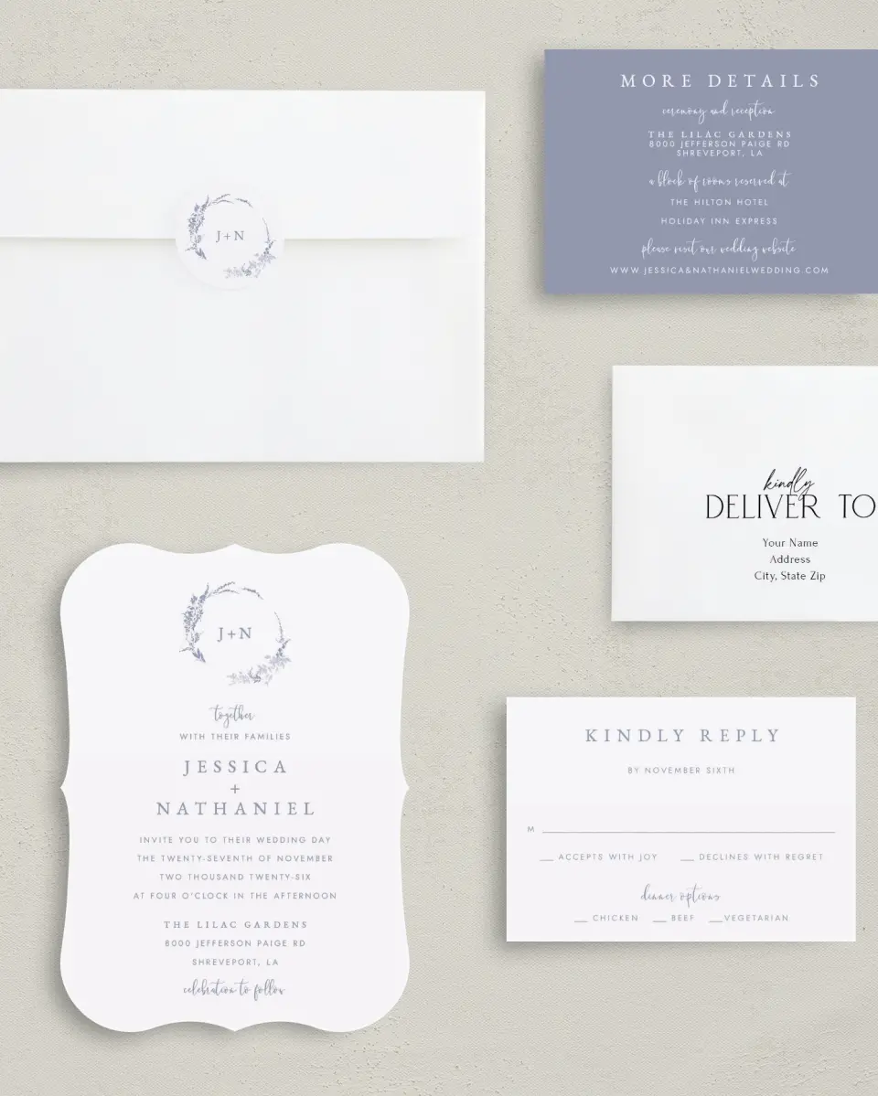 This is a 5" x 7" Bracket Wedding Invitation called Dainty Wreath printed in full color with Silver foil on Luxe Satin (coated) paper