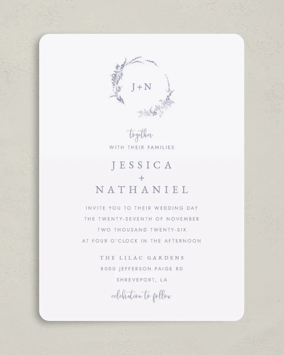 This is a 5" x 7" Rounded Wedding Invitation called Dainty Wreath printed in full color on Premium Smooth paper