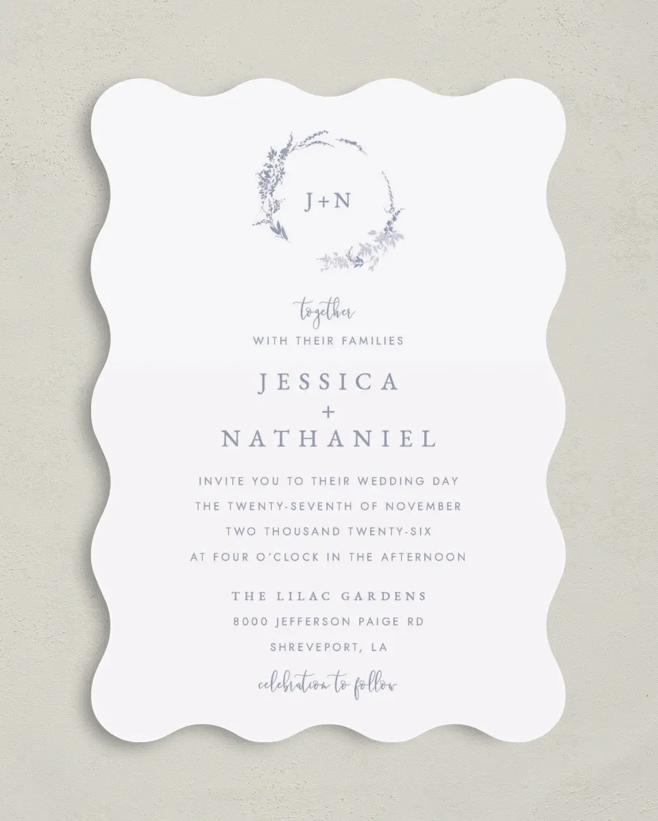 This is a 5" x 7" Wavy Wedding Invitation called Dainty Wreath printed in full color on Premium Smooth paper