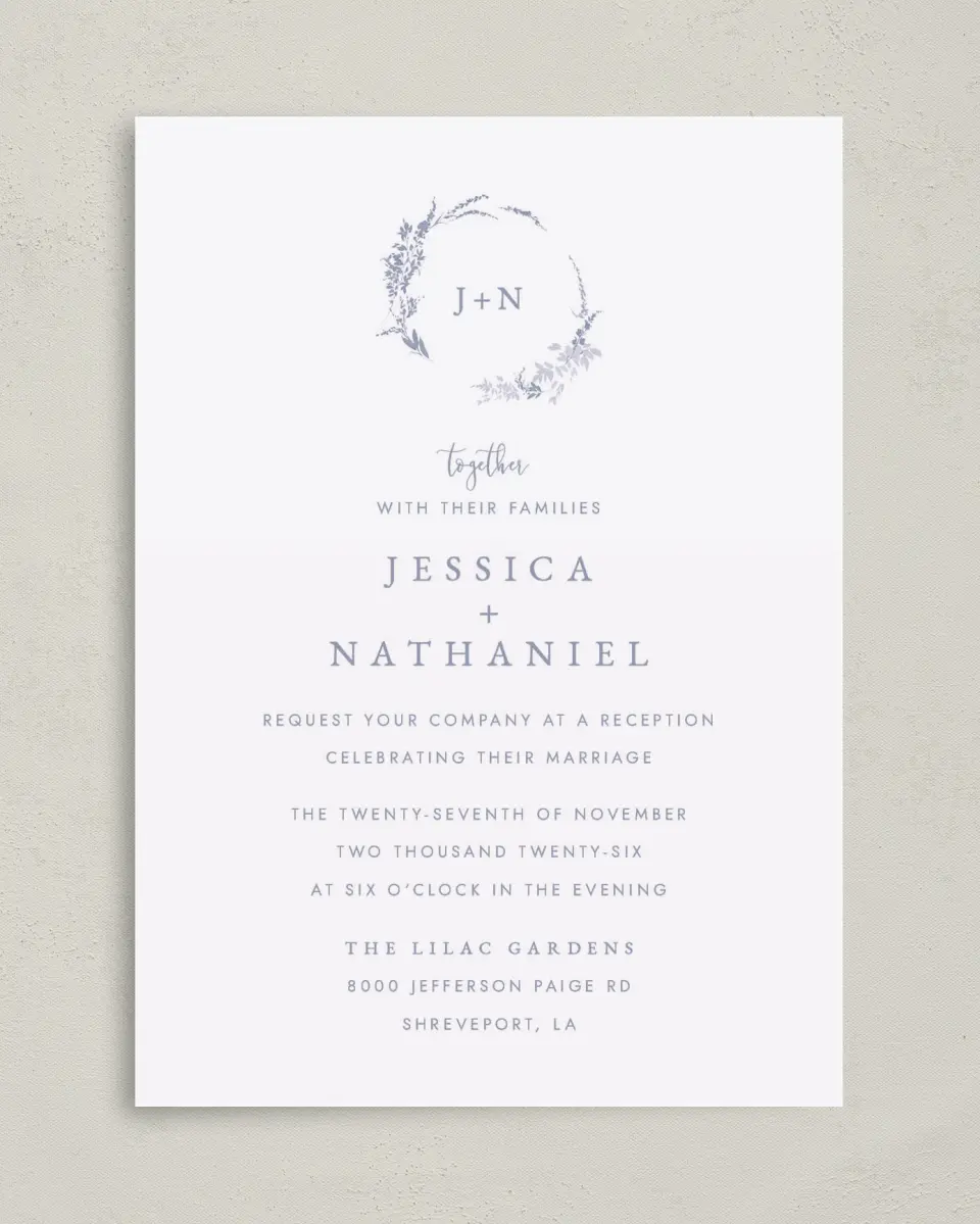This is a 5" x 7" Reception-Only - CP called Dainty Wreath printed in full color with Rose Gold foil on Luxe Satin (coated) paper