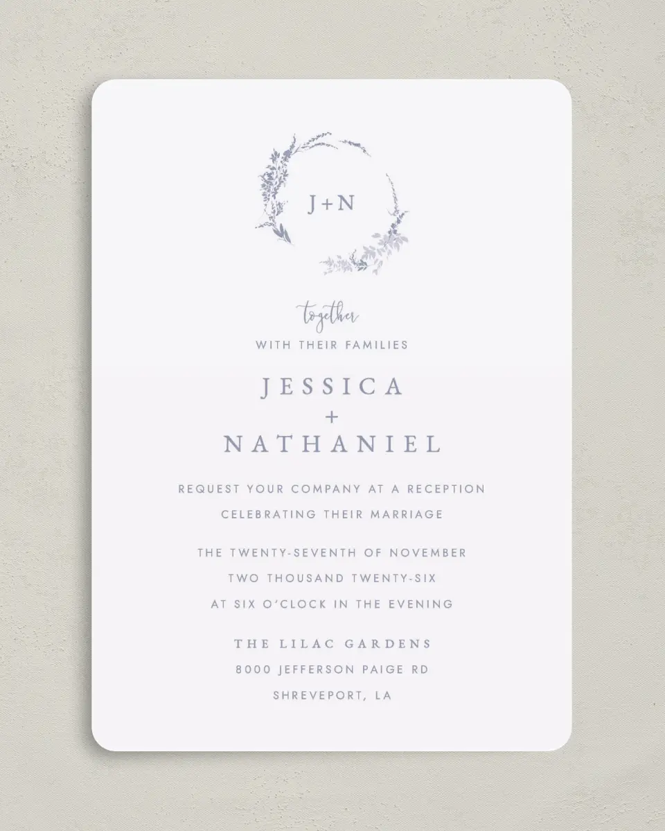 This is a 5" x 7" Reception-Only - CP called Dainty Wreath printed in full color on Premium Smooth paper