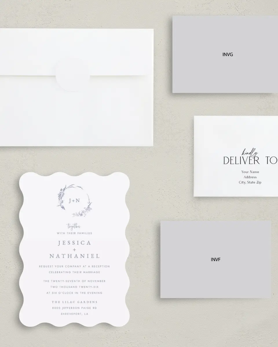 This is a 5" x 7" Reception-Only - CP called Dainty Wreath printed in full color with Silver foil on Luxe Satin (coated) paper