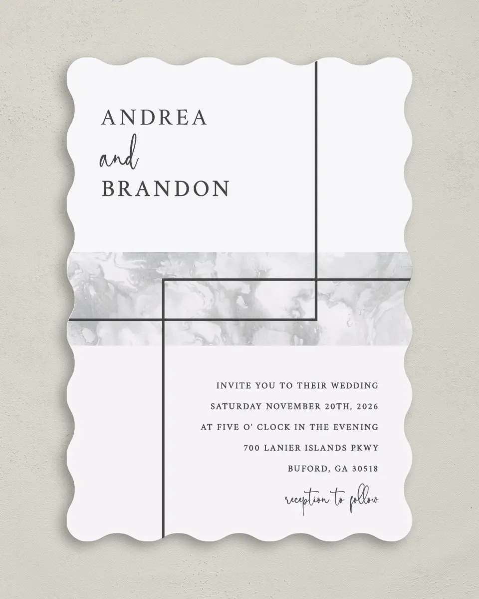 This is a 5" x 7" Wavy Wedding Invitation called Joined Lines printed in full color on Premium Smooth paper