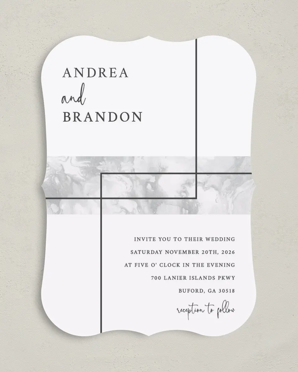 This is a 5" x 7" Bracket Wedding Invitation called Joined Lines printed in full color on Premium Smooth paper