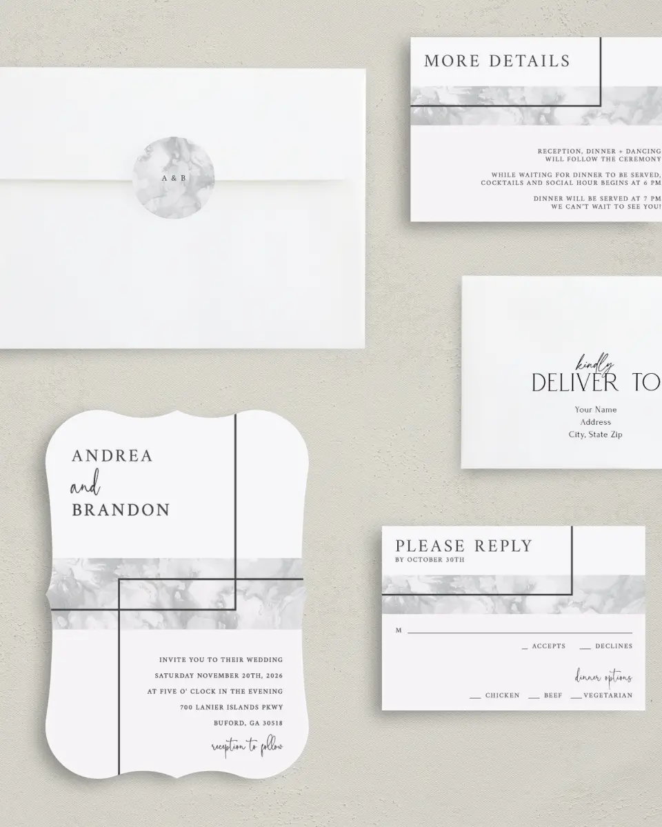 This is a 5" x 7" Bracket Wedding Invitation called Joined Lines printed in full color with Silver foil on Luxe Satin (coated) paper