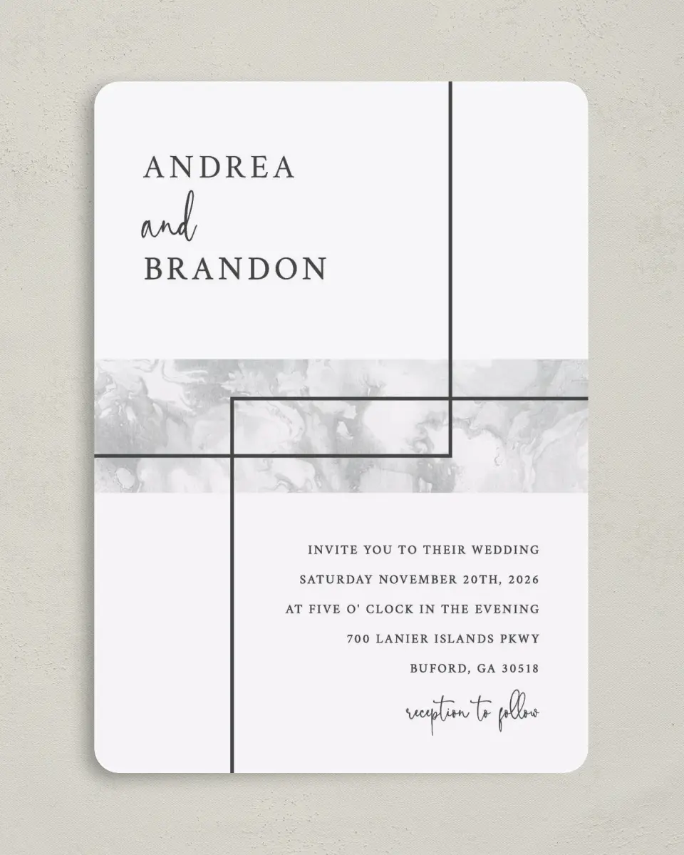 This is a 5" x 7" Rounded Wedding Invitation called Joined Lines printed in full color on Premium Smooth paper