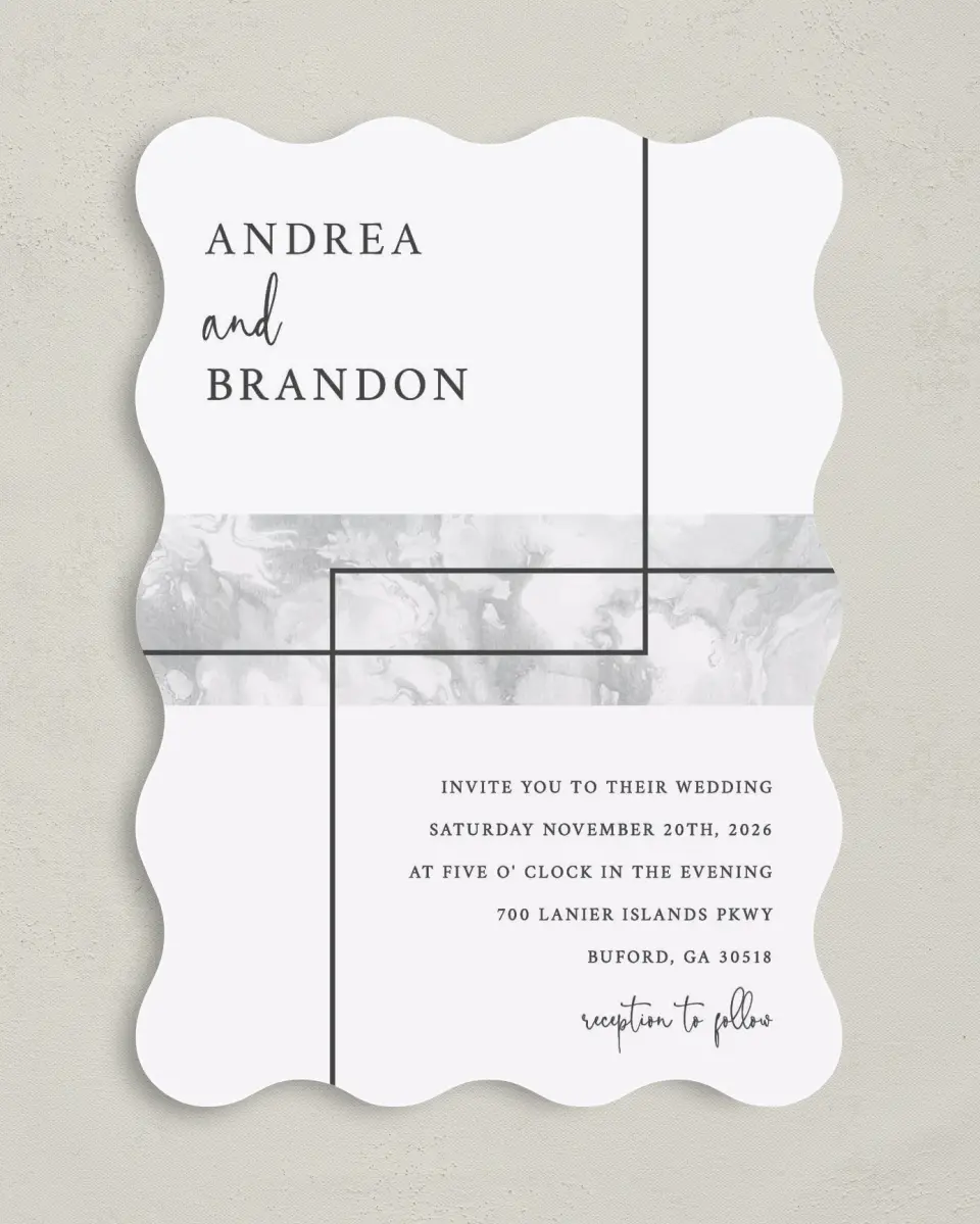 This is a 5" x 7" Wavy Wedding Invitation called Joined Lines printed in full color on Premium Smooth paper