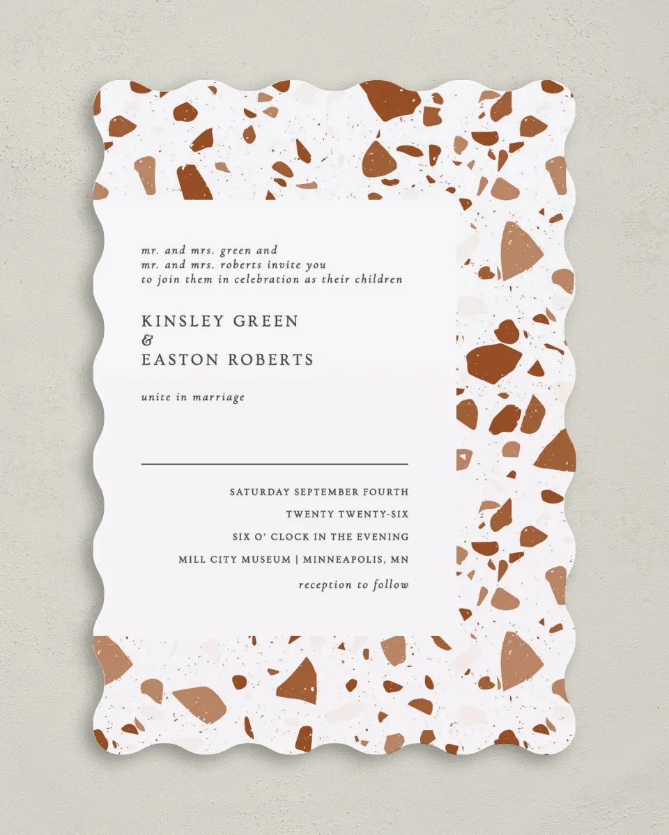 This is a 5" x 7" Wavy Wedding Invitation called Cornerstone of Love printed in full color on Premium Smooth paper