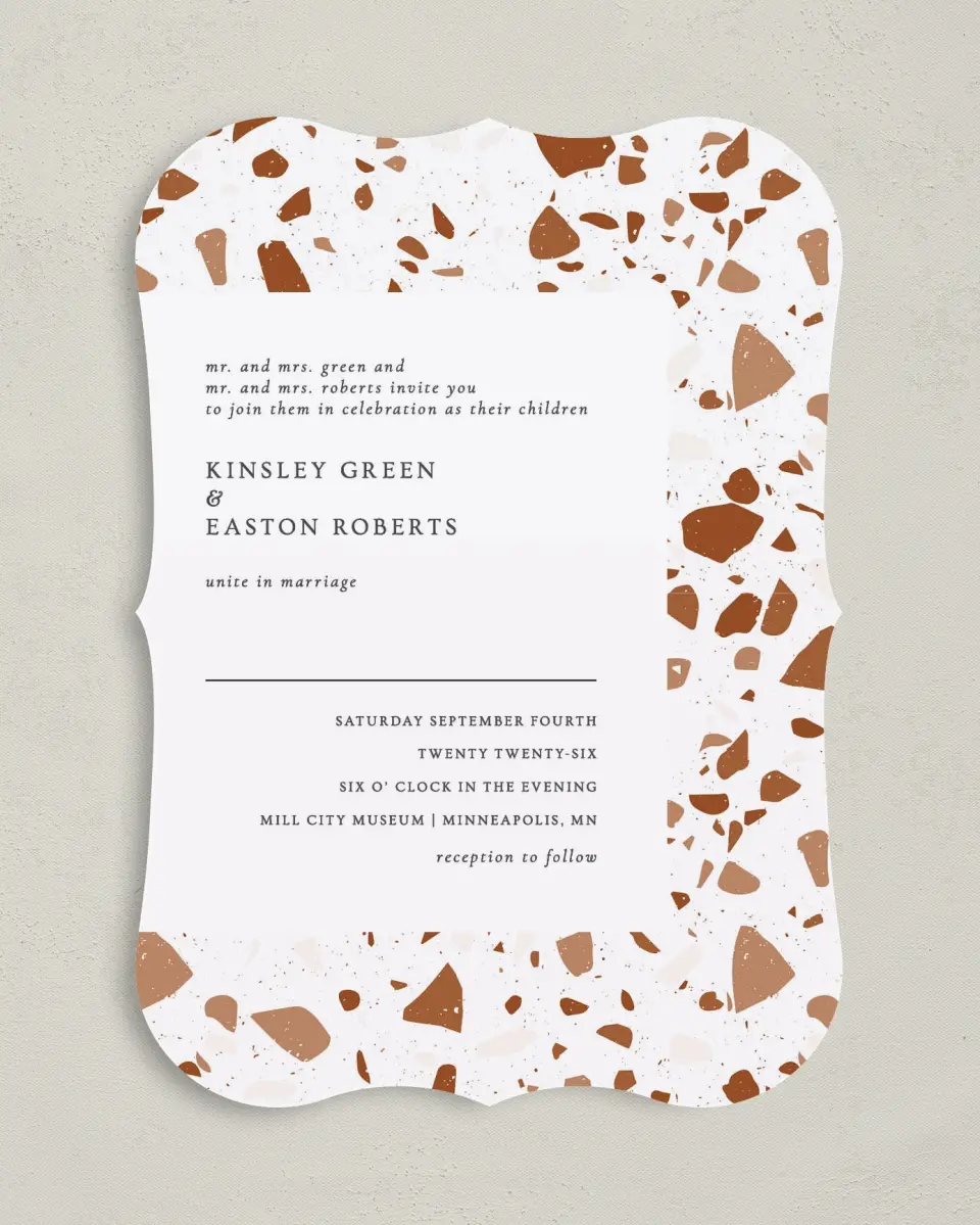 This is a 5" x 7" Bracket Wedding Invitation called Cornerstone of Love printed in full color on Premium Smooth paper