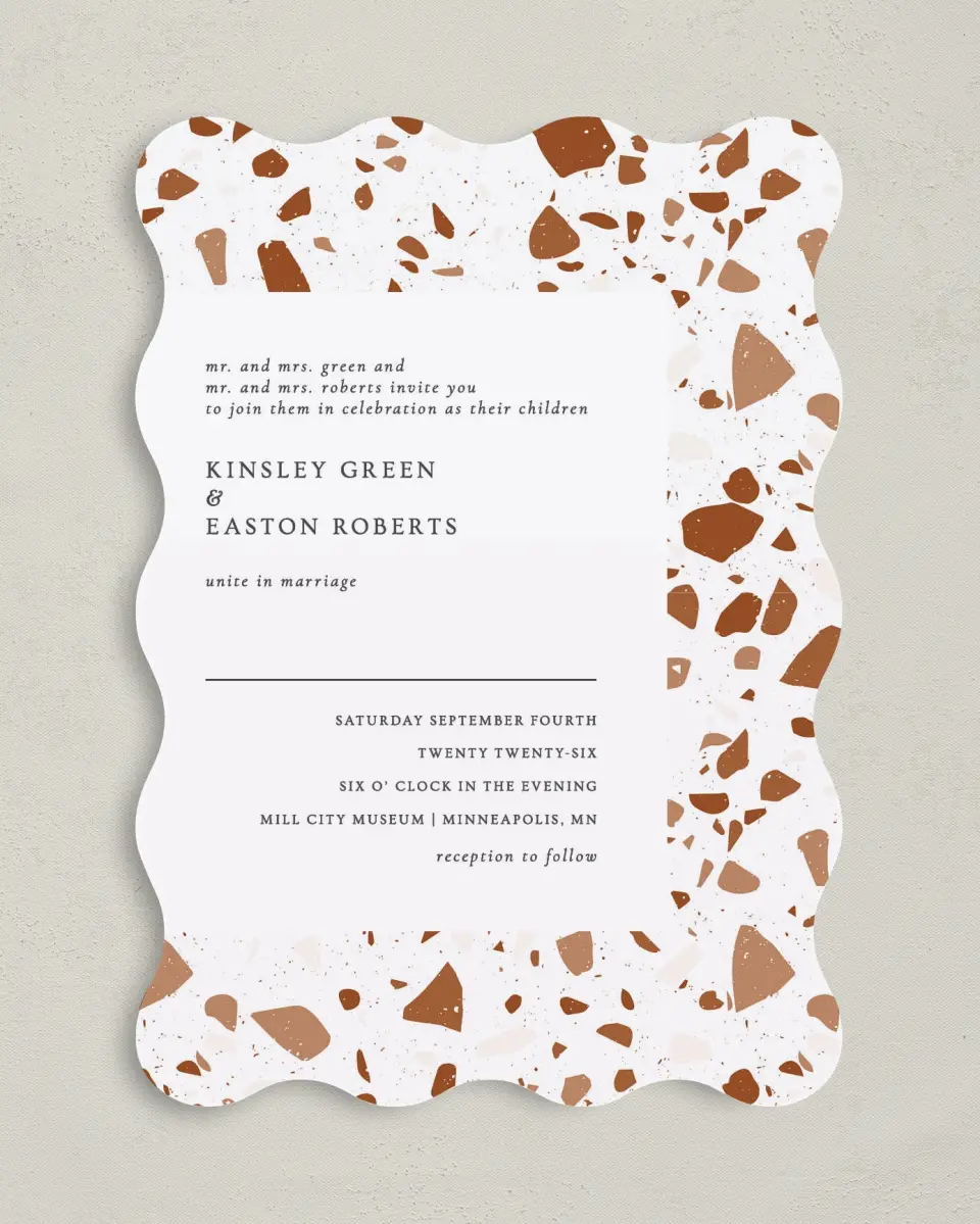 This is a 5" x 7" Wavy Wedding Invitation called Cornerstone of Love printed in full color on Premium Smooth paper
