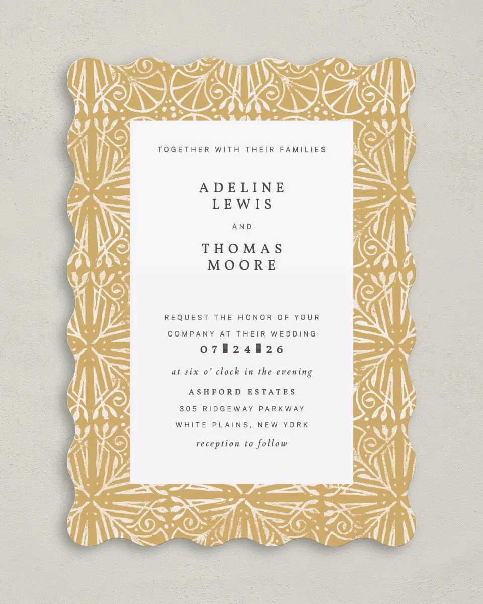This is a 5" x 7" Wavy Wedding Invitation called Decorated Luxury printed in full color on Premium Smooth paper
