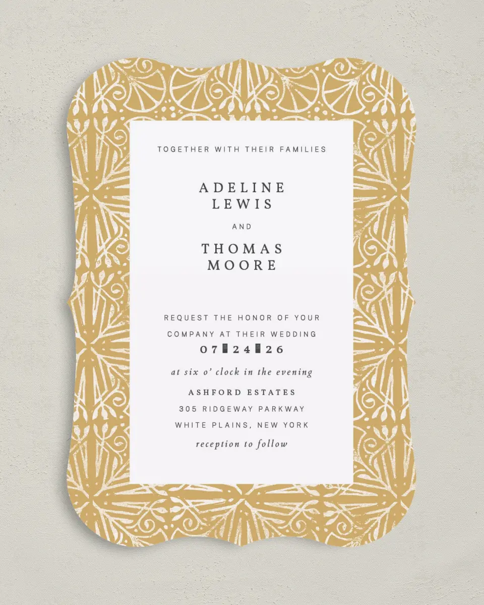 This is a 5" x 7" Bracket Wedding Invitation called Decorated Luxury printed in full color on Premium Smooth paper