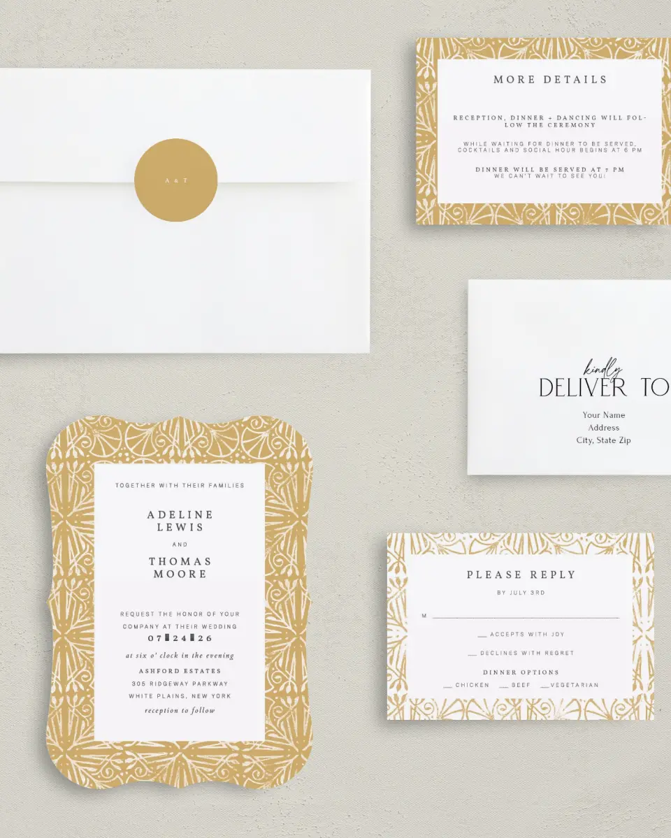 This is a 5" x 7" Bracket Wedding Invitation called Decorated Luxury printed in full color with Silver foil on Luxe Satin (coated) paper