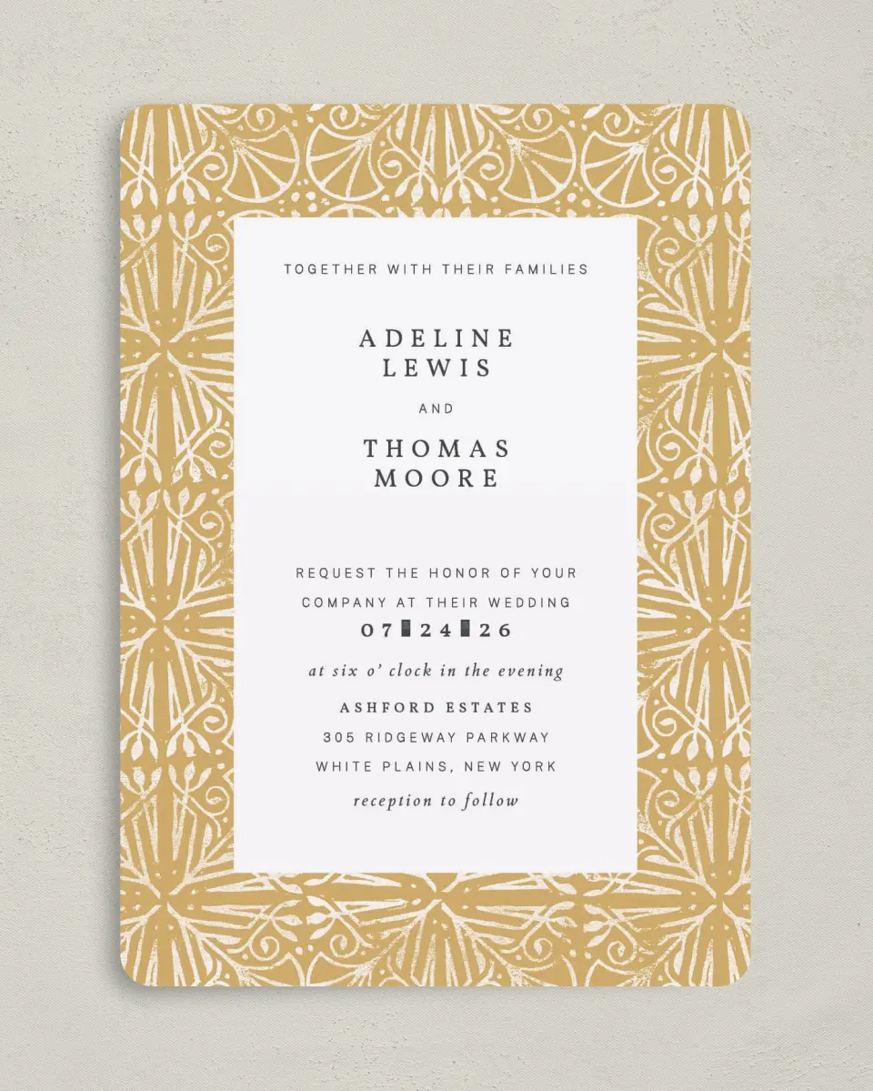 This is a 5" x 7" Rounded Wedding Invitation called Decorated Luxury printed in full color on Premium Smooth paper