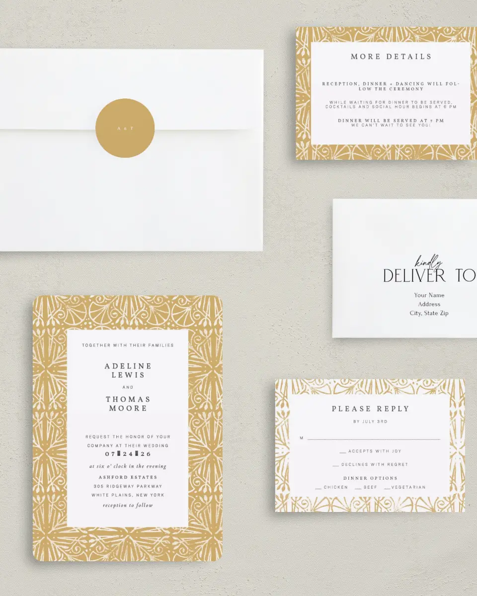 This is a 5" x 7" Rounded Wedding Invitation called Decorated Luxury printed in full color with Gold foil on Luxe Satin (coated) paper