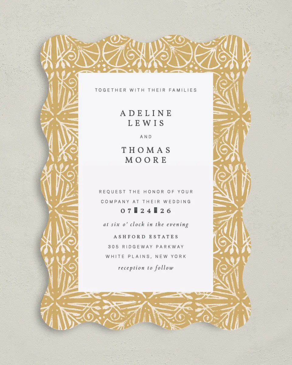 This is a 5" x 7" Wavy Wedding Invitation called Decorated Luxury printed in full color on Premium Smooth paper