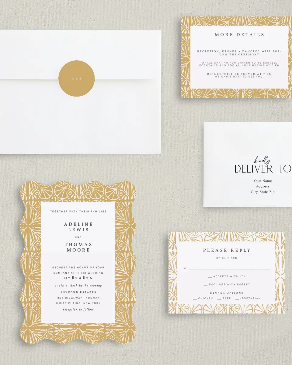 This is a 5" x 7" Wavy Wedding Invitation called Decorated Luxury printed in full color on Premium Smooth paper