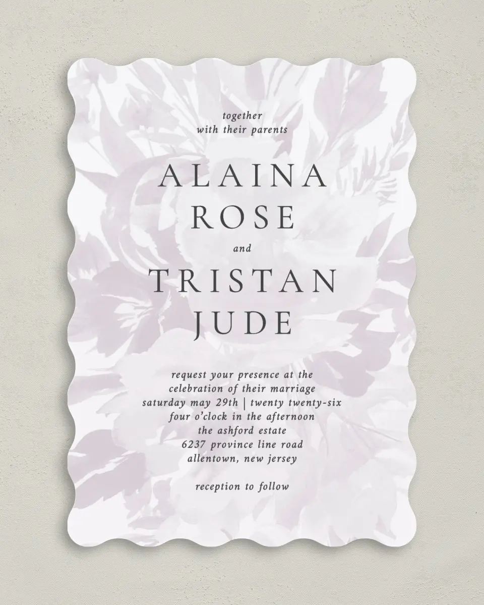 This is a 5" x 7" Wavy Wedding Invitation called Floral Burst printed in full color on Premium Smooth paper
