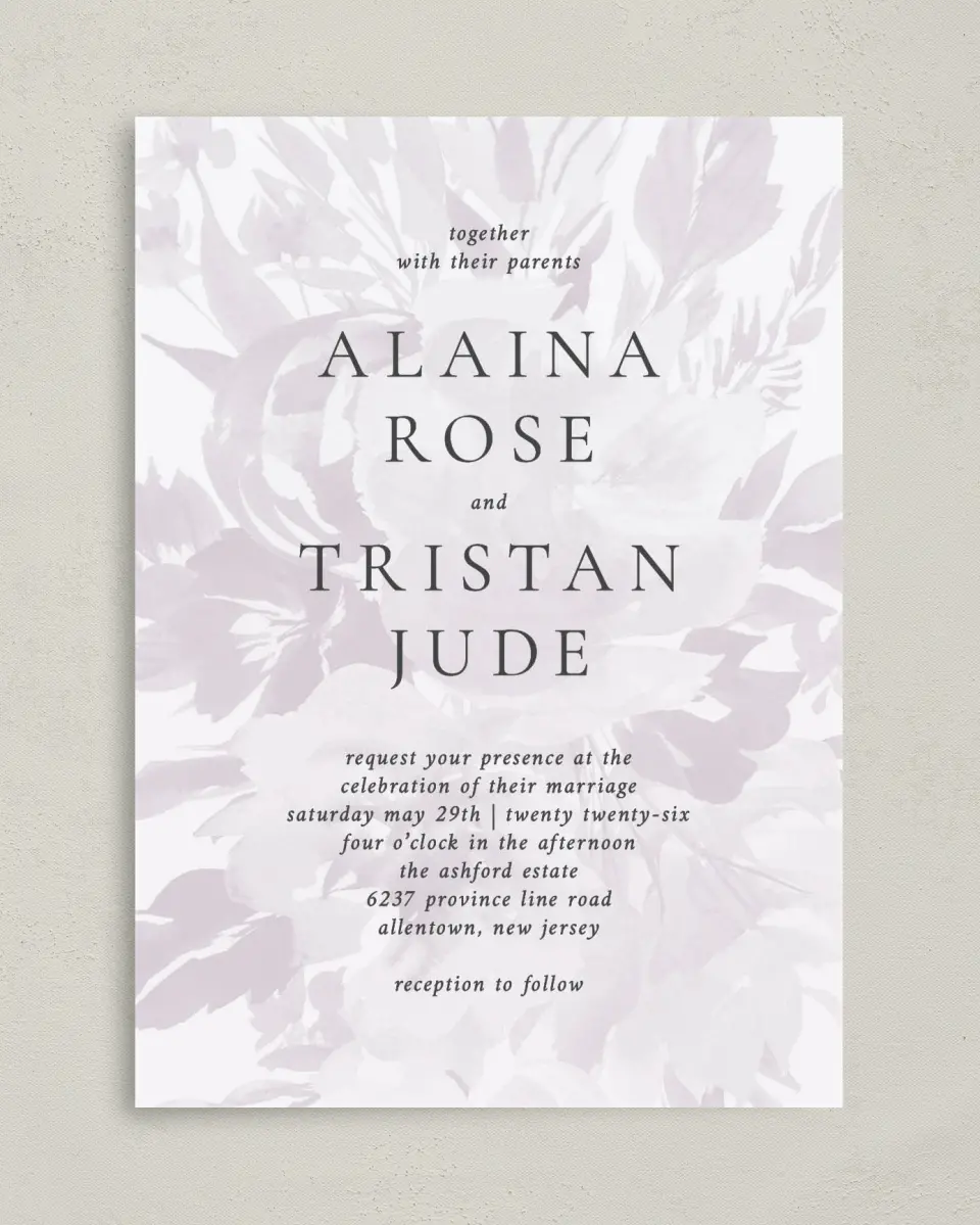This is a 5" x 7" Classic Wedding Invitation called Floral Burst printed in full color on Premium Smooth paper