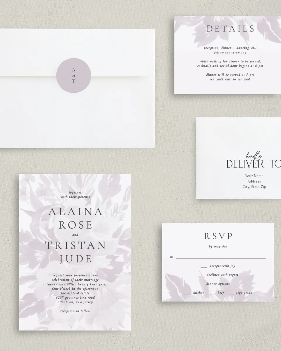 This is a 5" x 7" Classic Wedding Invitation called Floral Burst printed in full color on Premium Smooth paper