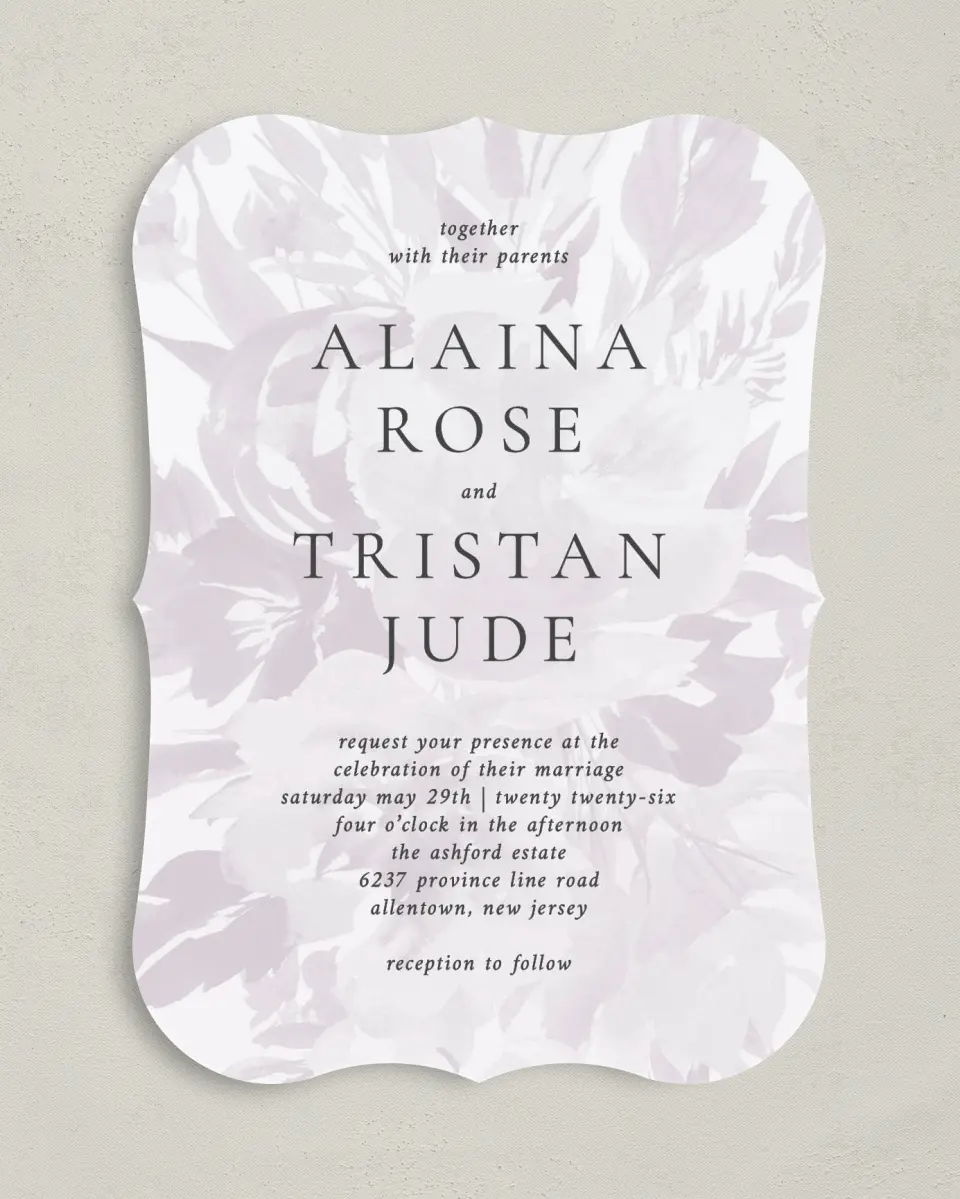 This is a 5" x 7" Bracket Wedding Invitation called Floral Burst printed in full color on Premium Smooth paper