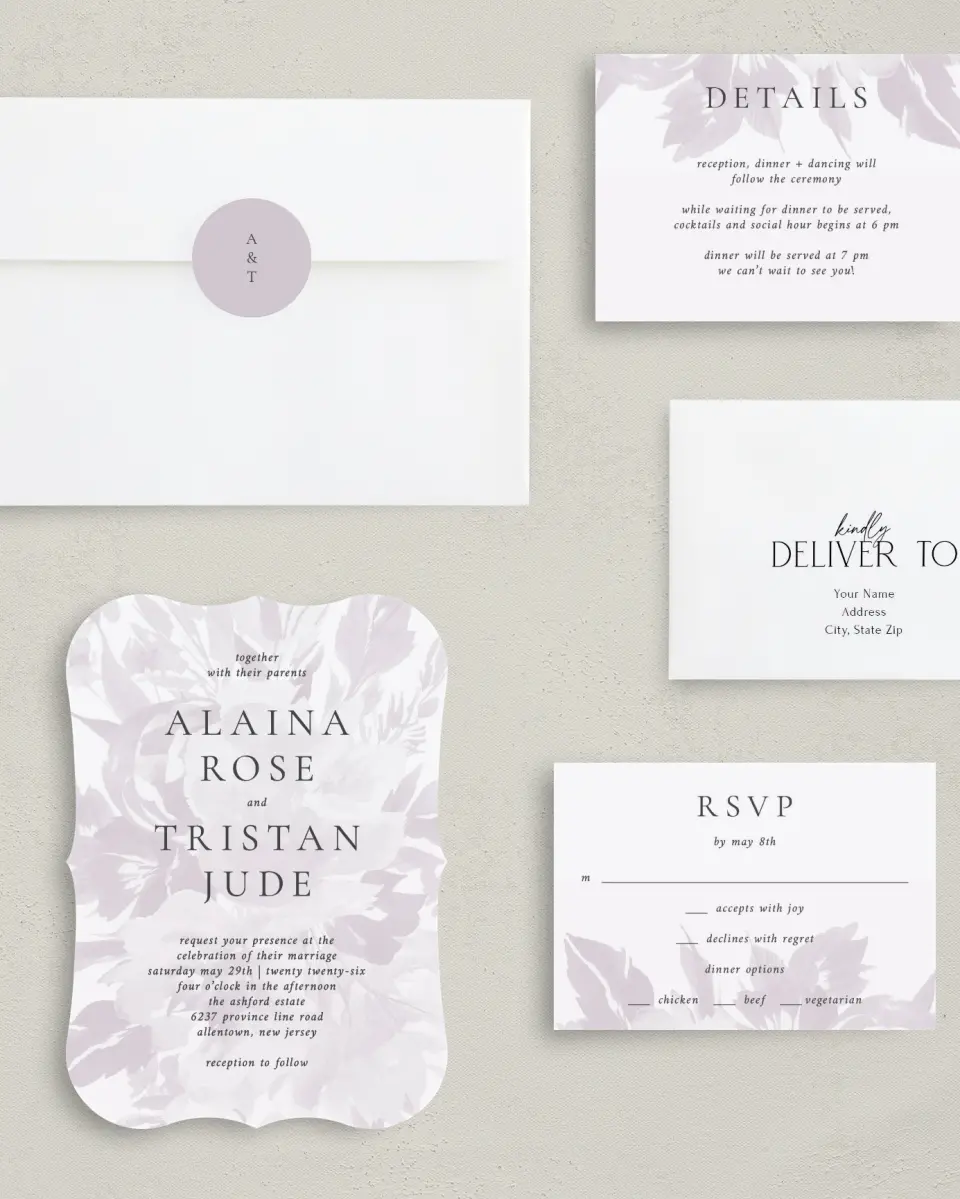This is a 5" x 7" Bracket Wedding Invitation called Floral Burst printed in full color with Silver foil on Luxe Satin (coated) paper