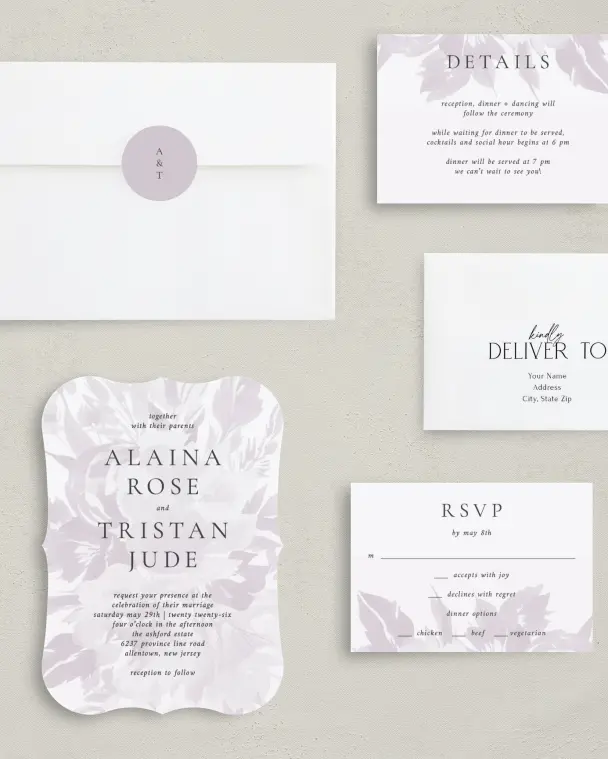 This is a 5" x 7" Bracket Wedding Invitation called Floral Burst printed in full color on Premium Smooth paper