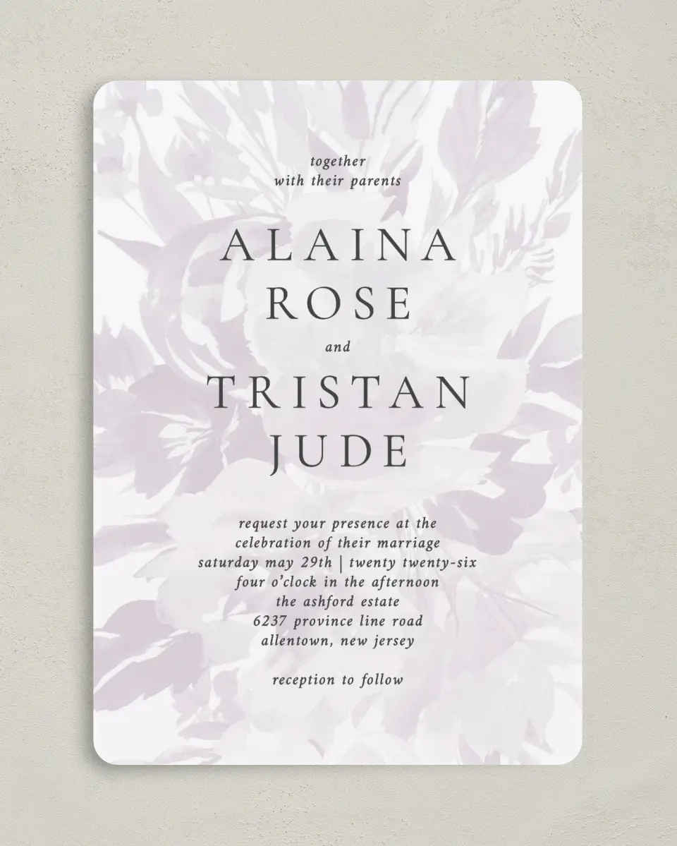 This is a 5" x 7" Rounded Wedding Invitation called Floral Burst printed in full color on Premium Smooth paper