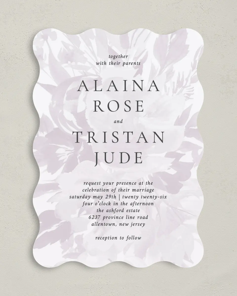 This is a 5" x 7" Wavy Wedding Invitation called Floral Burst printed in full color on Premium Smooth paper