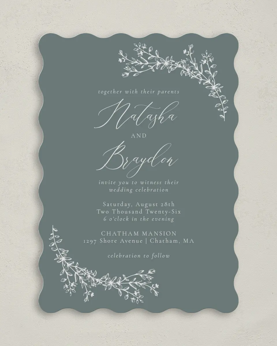 This is a 5" x 7" Wavy Wedding Invitation called Timeless Order printed in full color on Premium Smooth paper