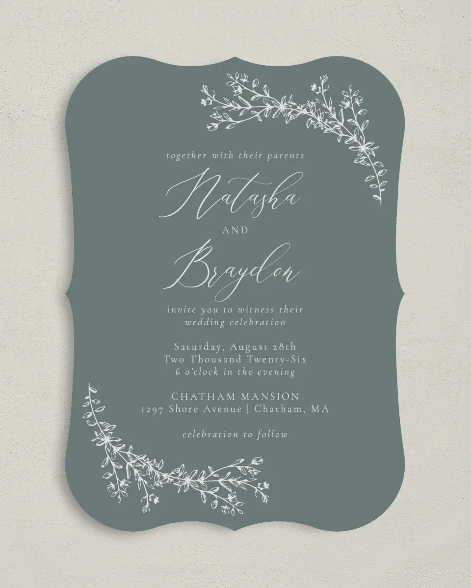 This is a 5" x 7" Bracket Wedding Invitation called Timeless Order printed in full color on Premium Smooth paper
