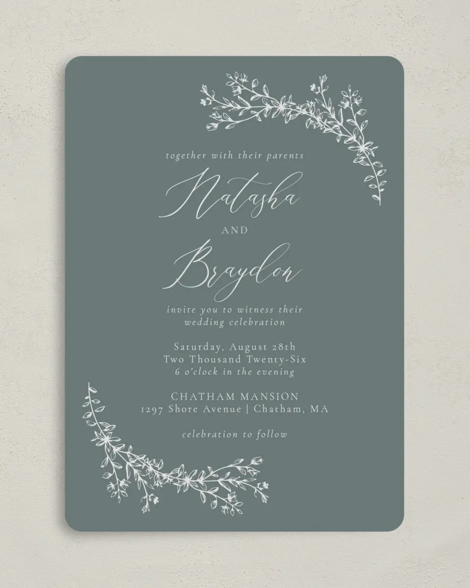 This is a 5" x 7" Rounded Wedding Invitation called Timeless Order printed in full color on Premium Smooth paper