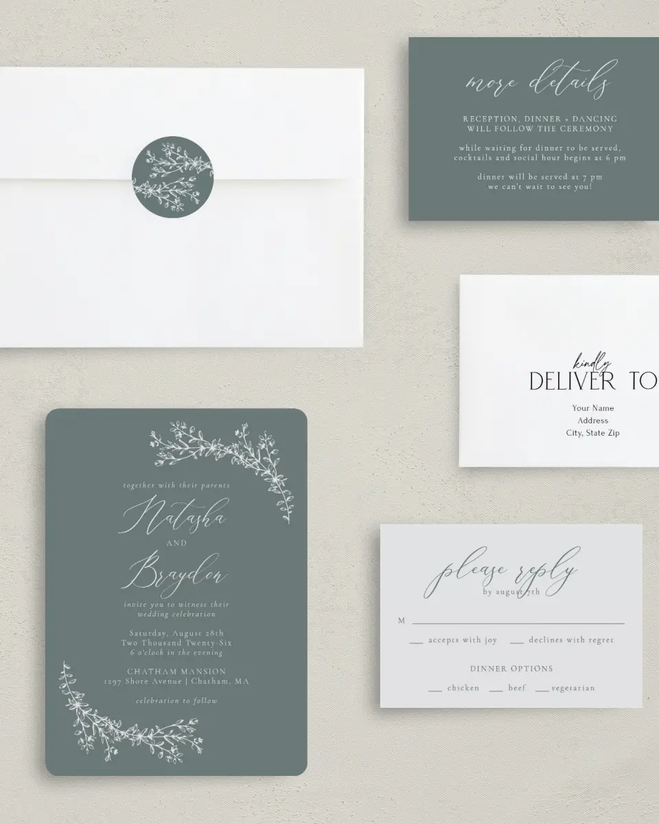 This is a 5" x 7" Rounded Wedding Invitation called Timeless Order printed in full color with Silver foil on Luxe Satin (coated) paper