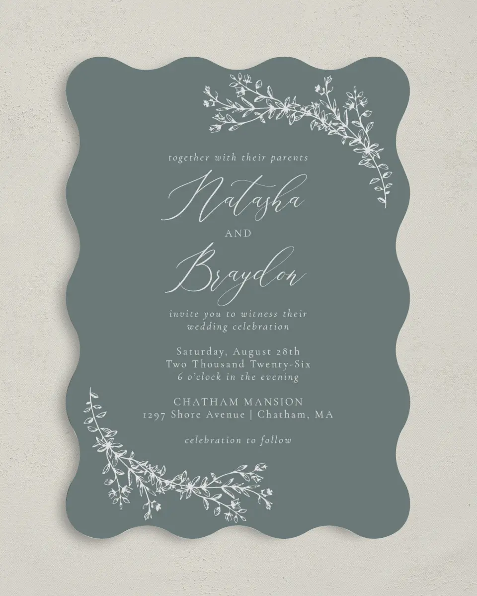 This is a 5" x 7" Wavy Wedding Invitation called Timeless Order printed in full color on Premium Smooth paper