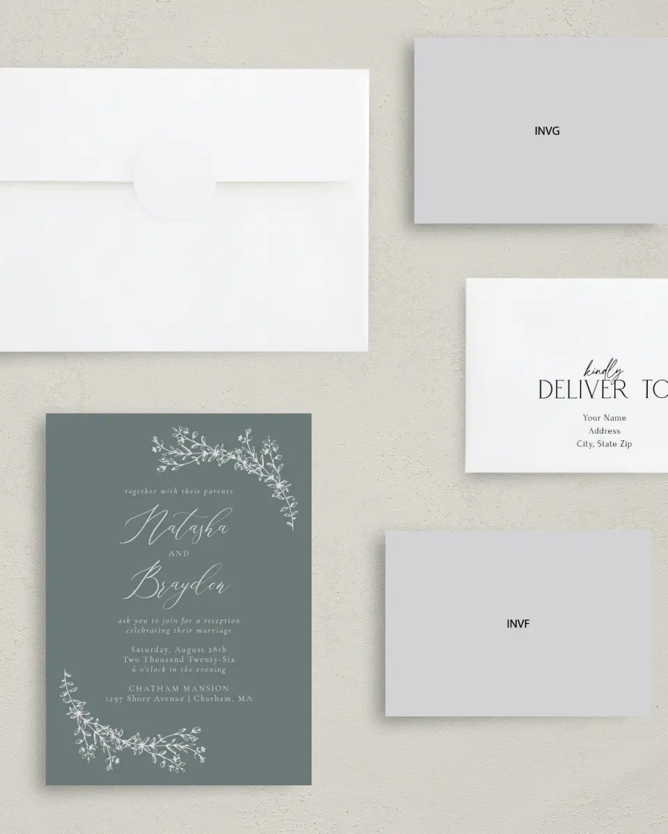 This is a 5" x 7" Reception-Only - CP called Timeless Order printed in full color with Silver foil on Luxe Satin (coated) paper