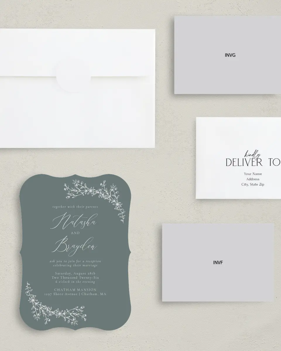 This is a 5" x 7" Reception-Only - CP called Timeless order printed in full color with Silver foil on Luxe Satin (coated) paper