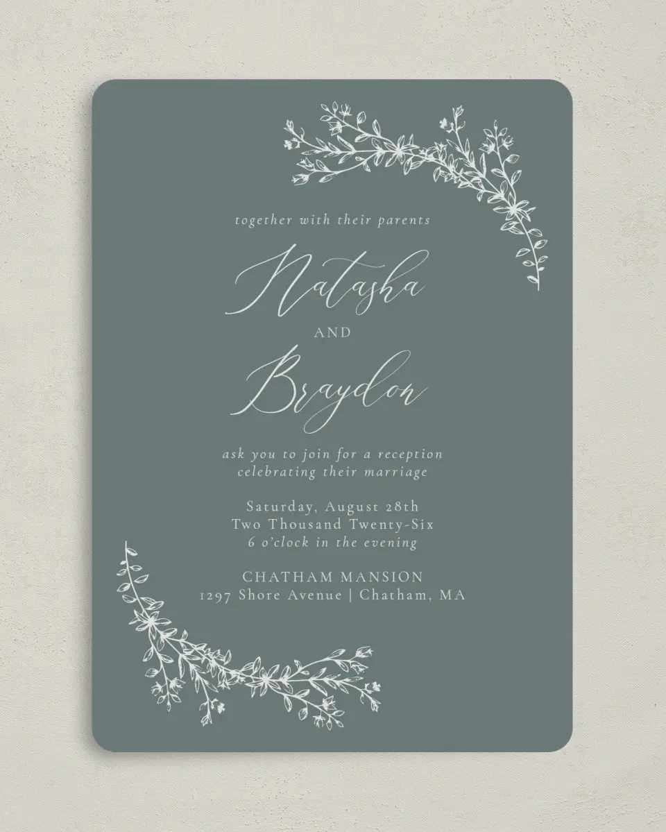 This is a 5" x 7" Reception-Only - CP called Timeless Order printed in full color with Rose Gold foil on Luxe Satin (coated) paper