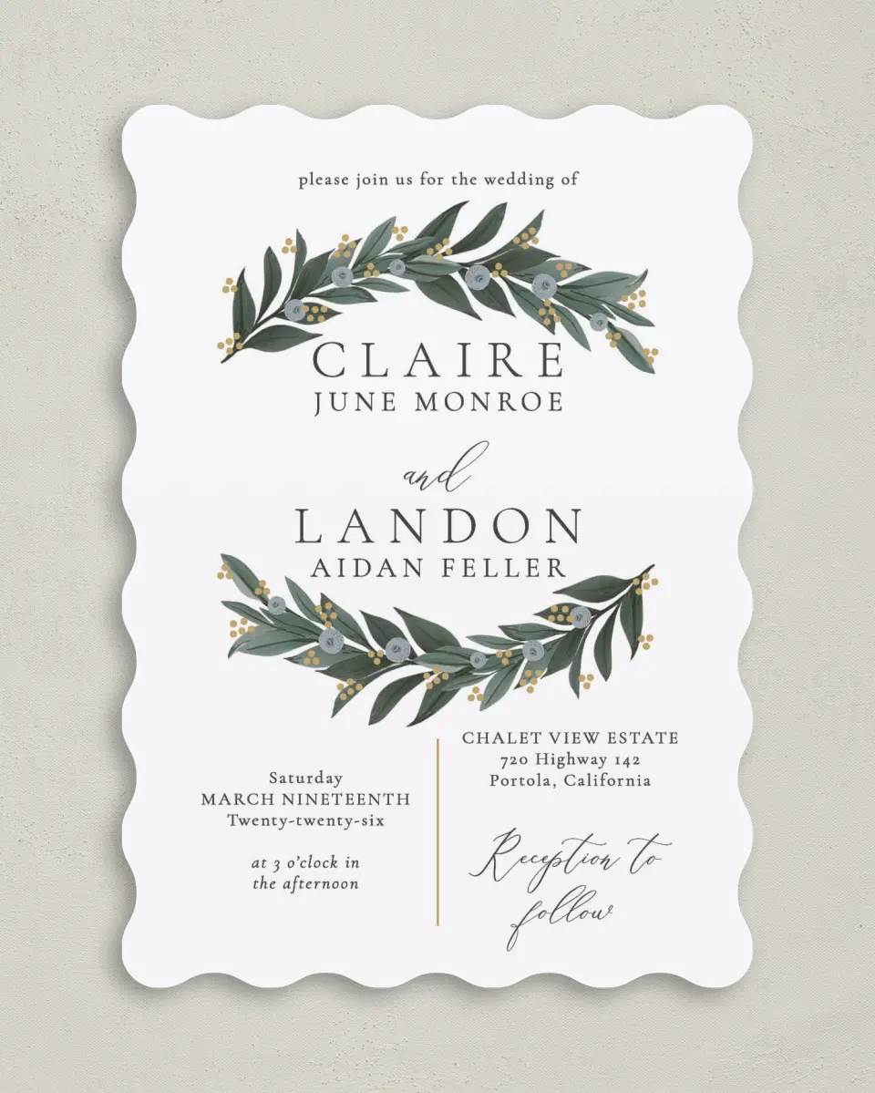 This is a 5" x 7" Wavy Wedding Invitation called Majestic Love printed in full color on Premium Smooth paper