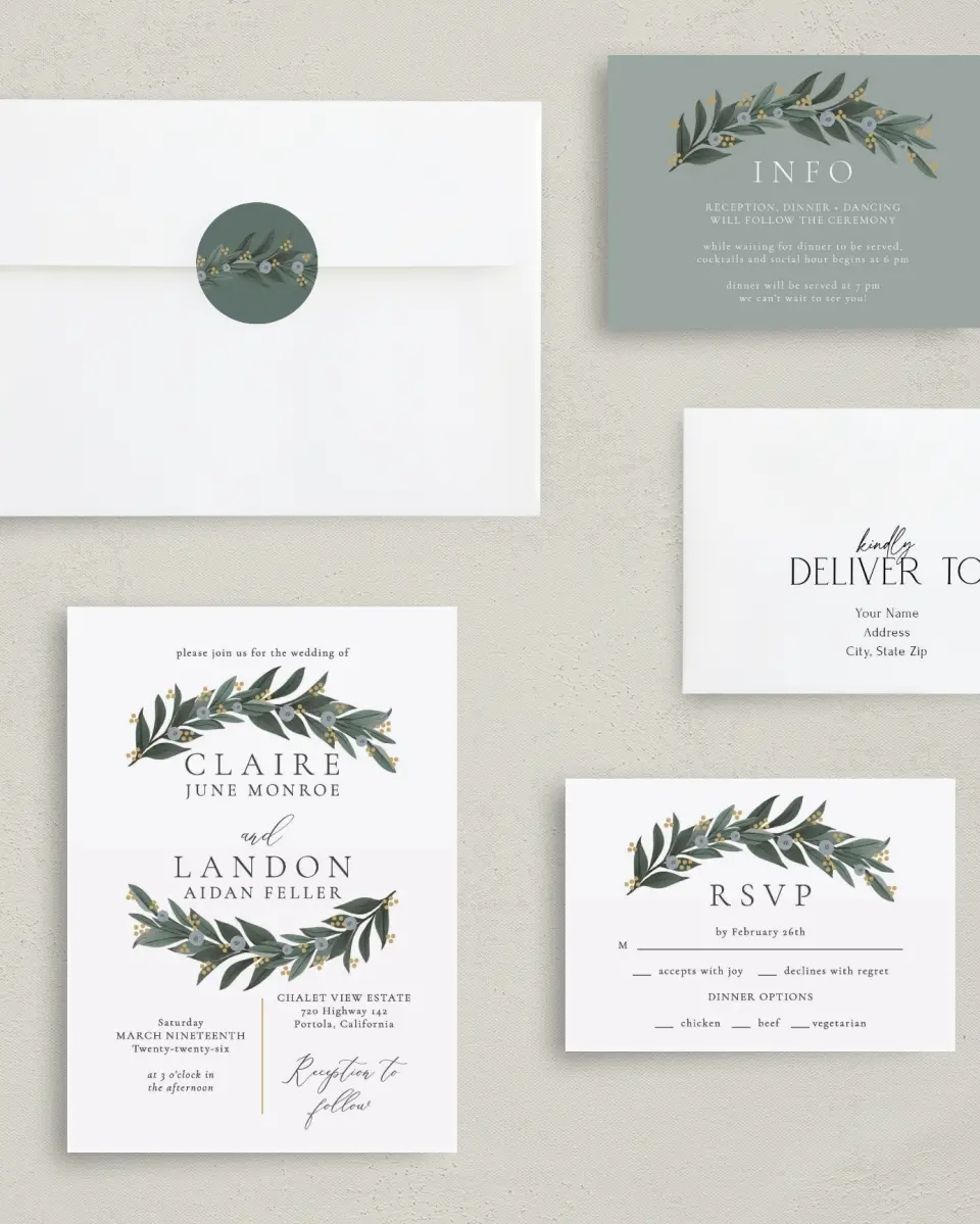 This is a 5" x 7" Classic Wedding Invitation called Majestic Love printed in full color with Gold foil on Luxe Satin (coated) paper