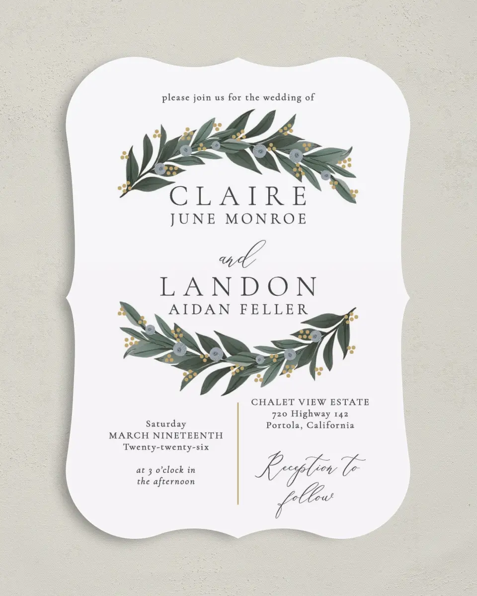 This is a 5" x 7" Bracket Wedding Invitation called Majestic Love printed in full color with Silver foil on Luxe Satin (coated) paper