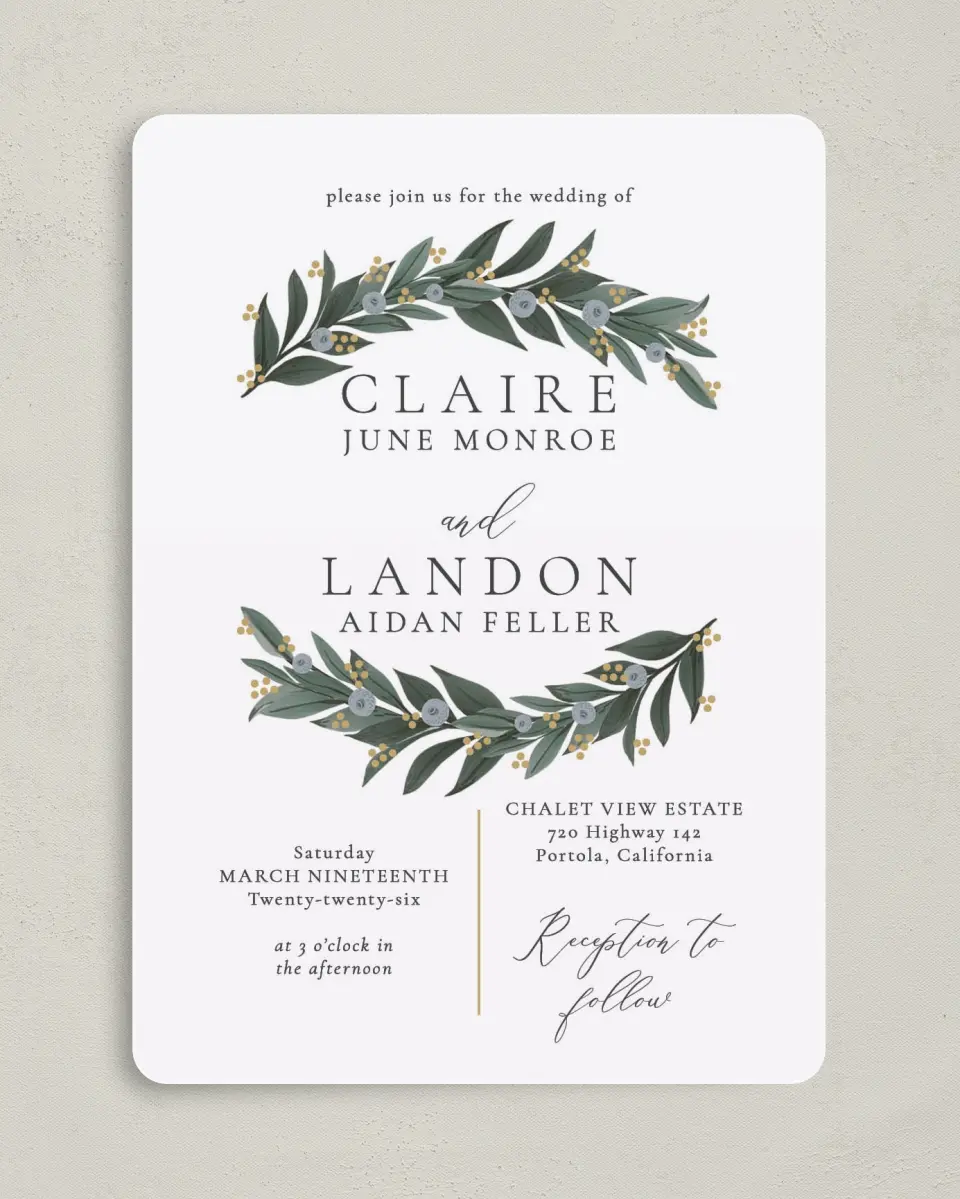 This is a 5" x 7" Rounded Wedding Invitation called Majestic Love printed in full color on Premium Smooth paper