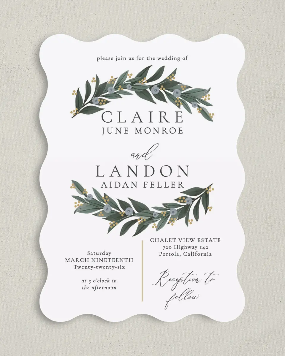 This is a 5" x 7" Wavy Wedding Invitation called Majestic Love printed in full color with Gold foil on Luxe Satin (coated) paper