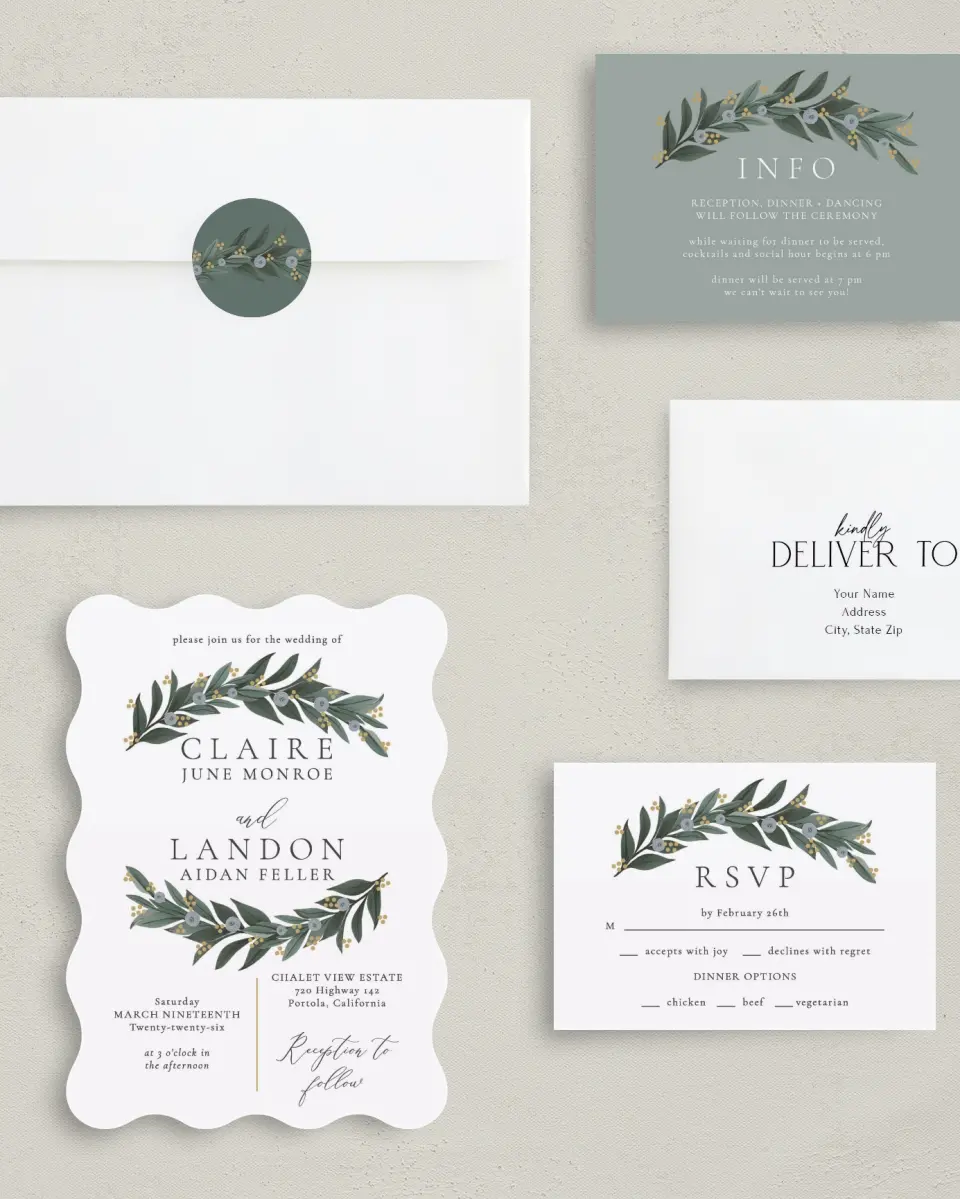 This is a 5" x 7" Wavy Wedding Invitation called Majestic Love printed in full color with Gold foil on Luxe Satin (coated) paper