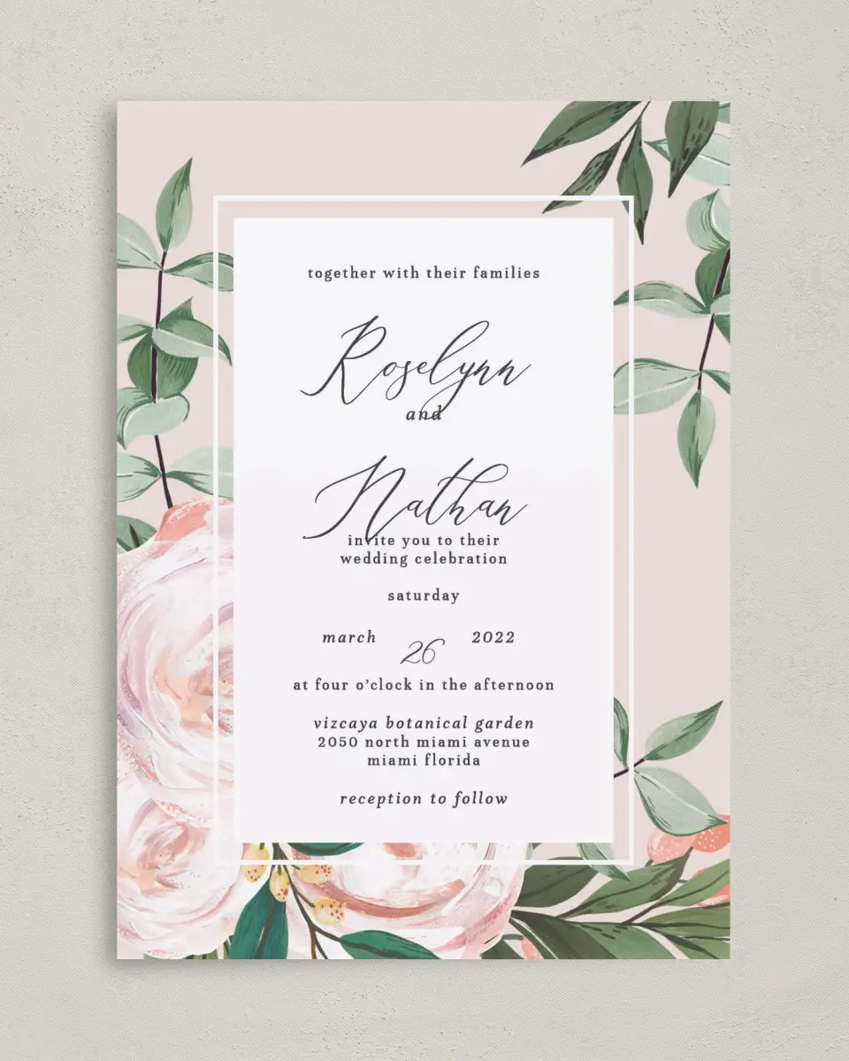 This is a 5" x 7" Classic Wedding Invitation called Soft Rose printed in full color on Premium Smooth paper