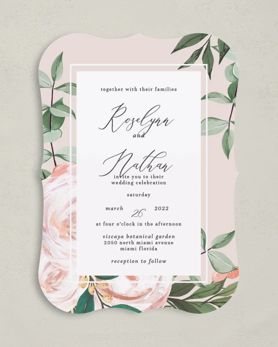This is a 5" x 7" Bracket Wedding Invitation called Soft Rose printed in full color on Premium Smooth paper