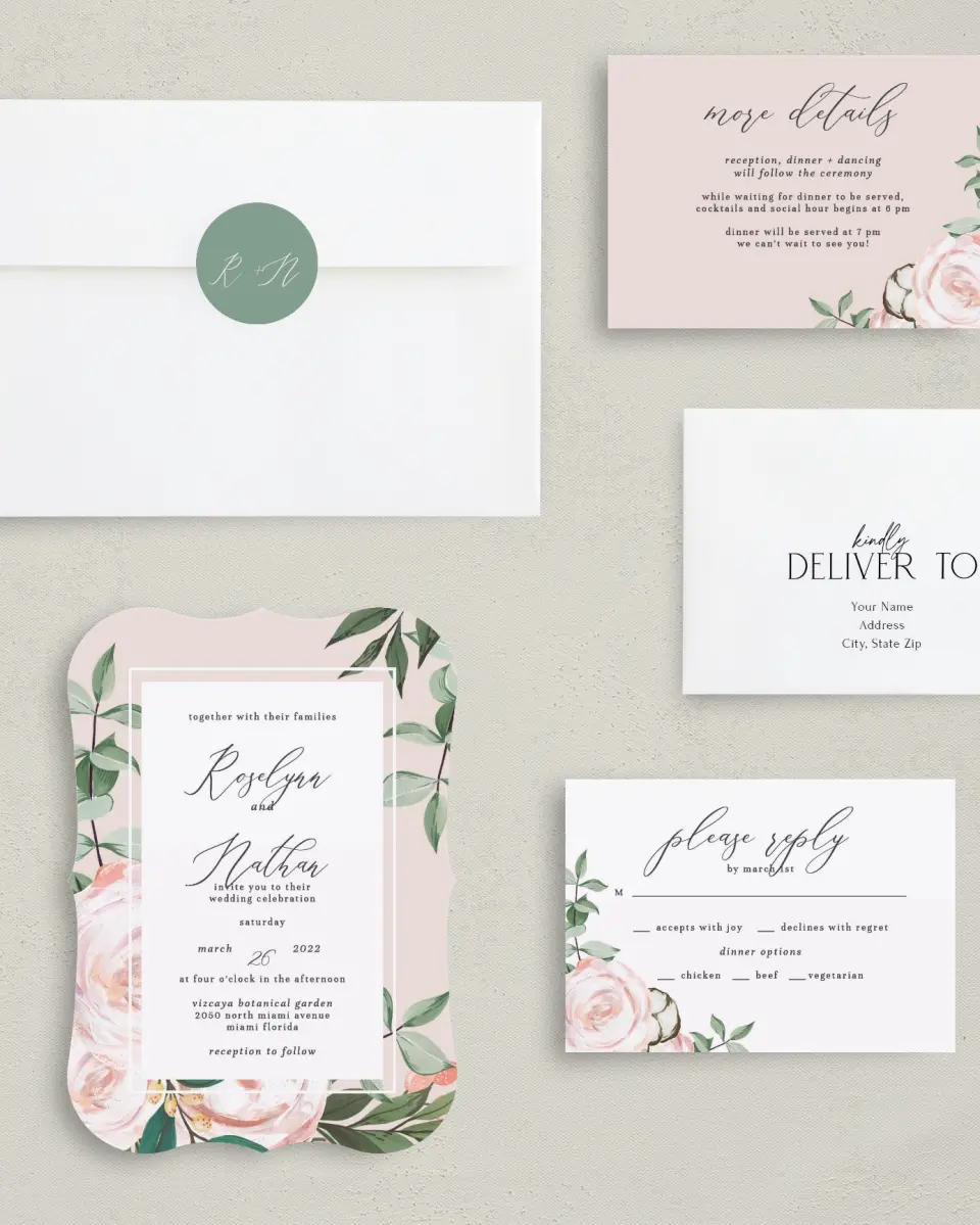 This is a 5" x 7" Bracket Wedding Invitation called Soft Rose printed in full color with Silver foil on Luxe Satin (coated) paper