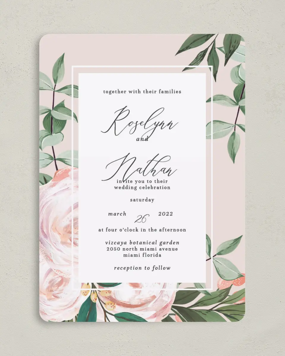 This is a 5" x 7" Rounded Wedding Invitation called Soft Rose printed in full color on Premium Smooth paper