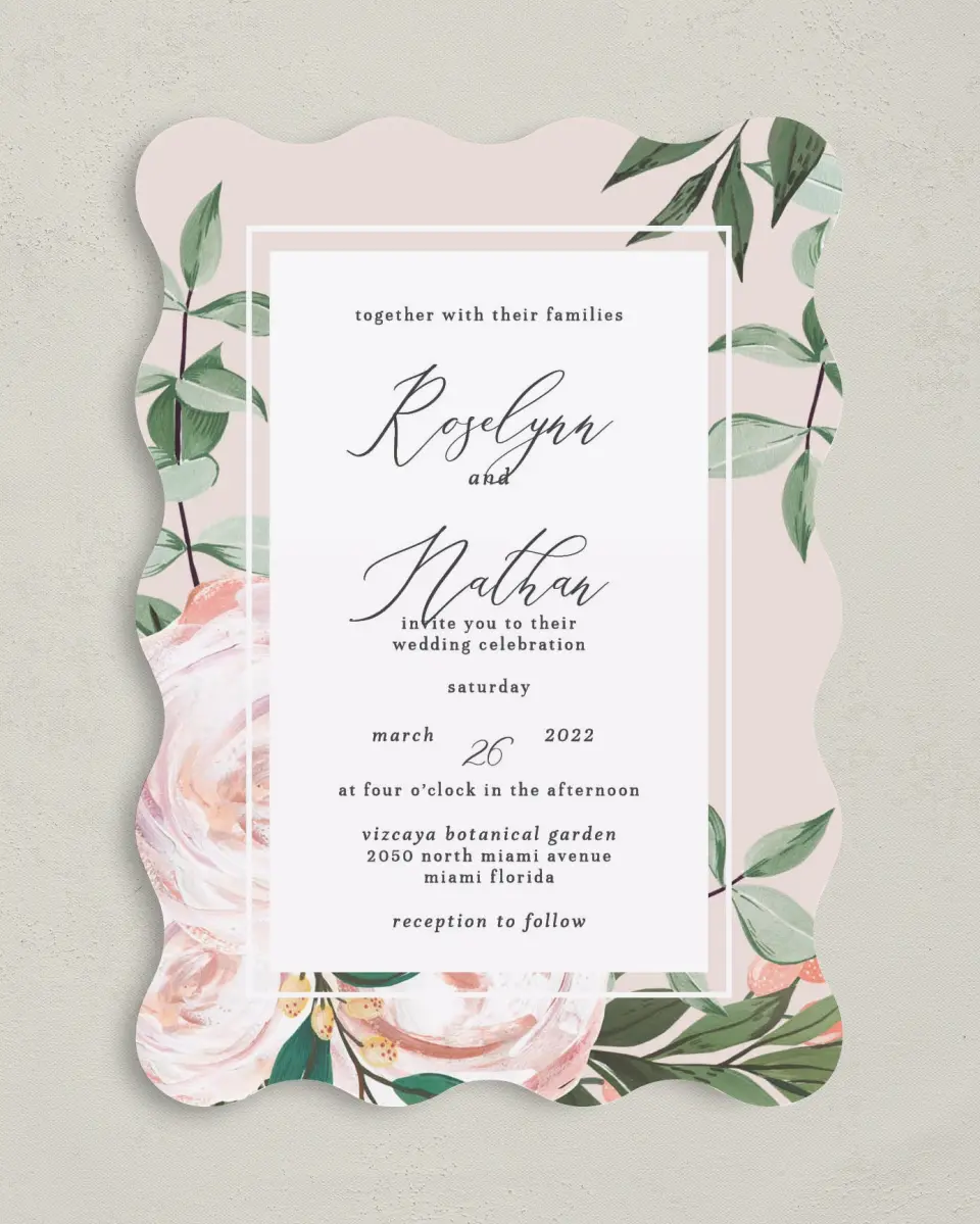 This is a 5" x 7" Wavy Wedding Invitation called Soft Rose printed in full color on Premium Smooth paper