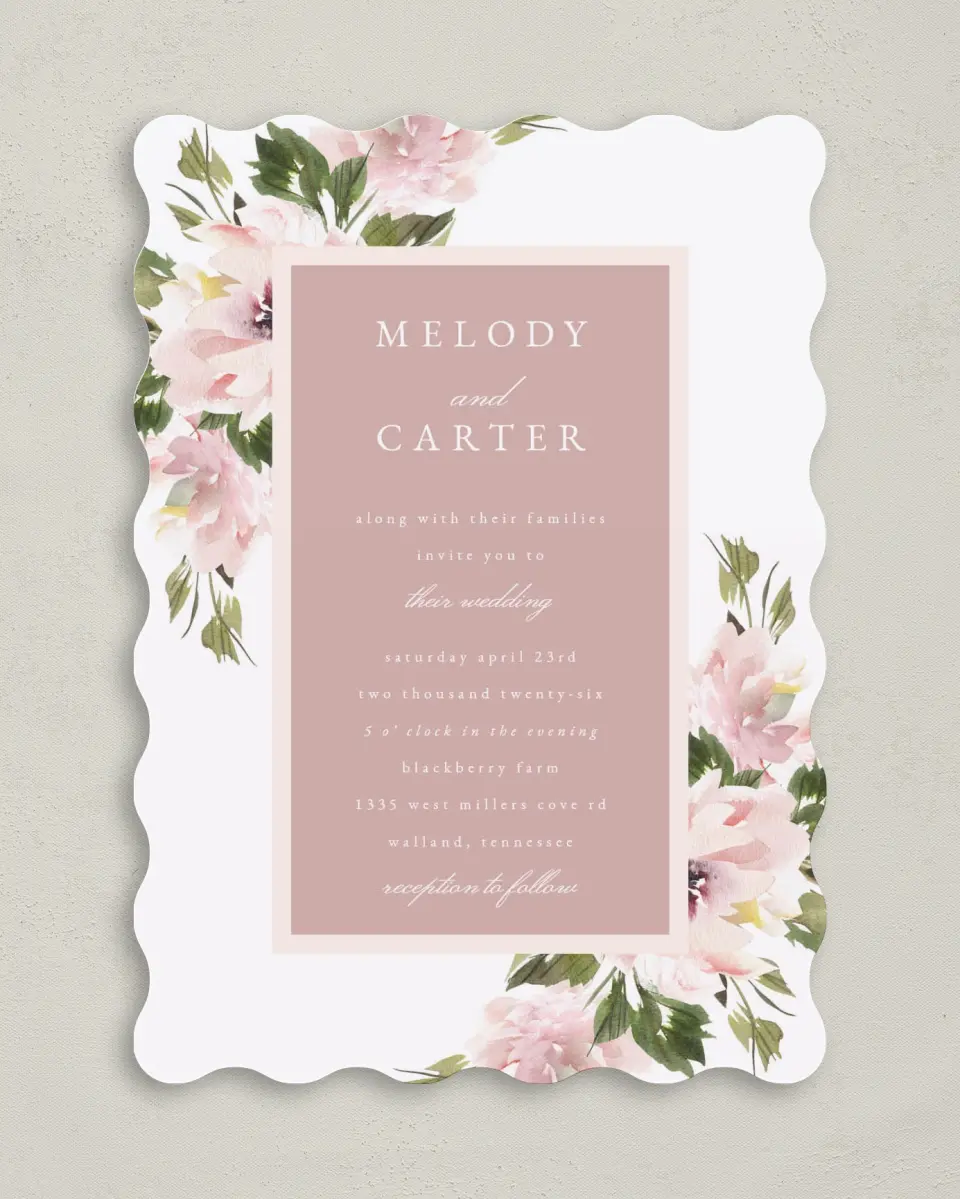 This is a 5" x 7" Wavy Wedding Invitation called Sweet Floral printed in full color on Premium Smooth paper