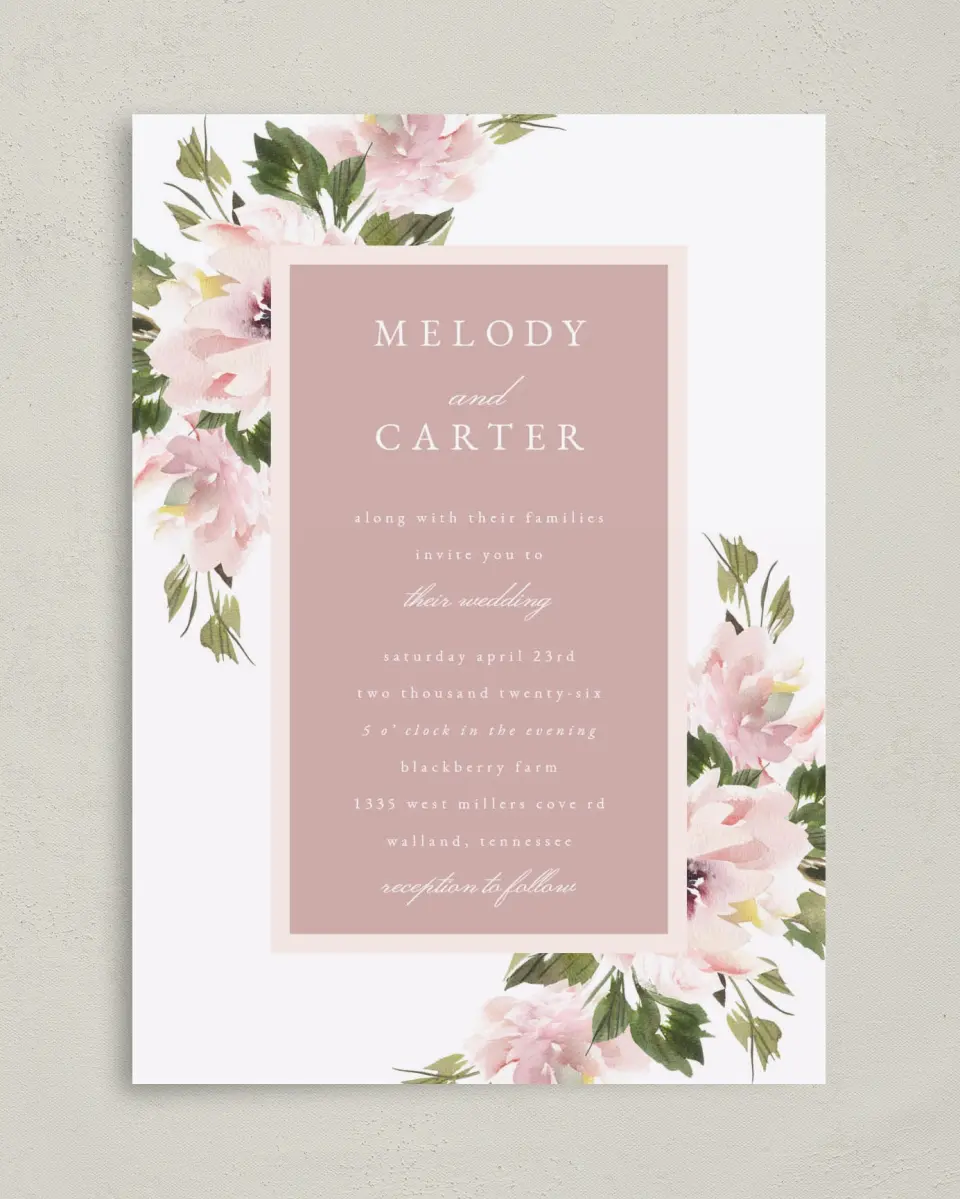 This is a 5" x 7" Classic Wedding Invitation called Sweet Floral printed in full color on Premium Smooth paper